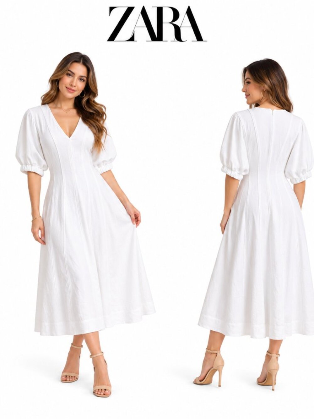 ZARA White Puff Sleeve V-Neck Midi Dress 2201/957/251 XS NWT
